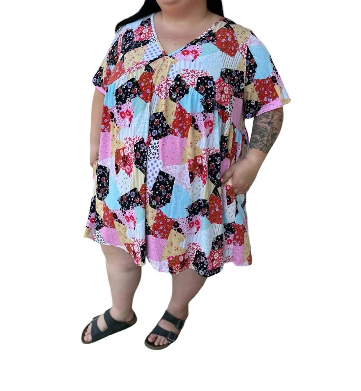 End of Season Sale Floral Patchwork V-Neck Dress In Multicolor