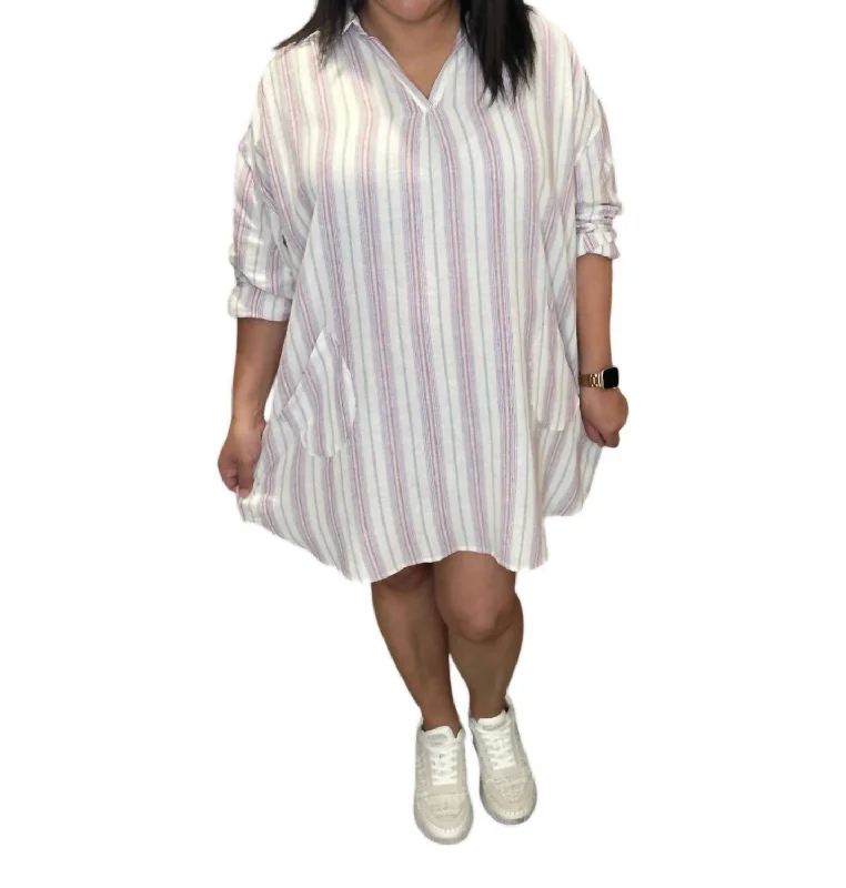 Women's Elegant Clothes Split Neck Cotton Tunic Dress In Summer Stripe