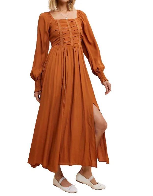 Casual Fashion Rust Orange Ruched Bodice Square Neck Maxi Dress In Sepia