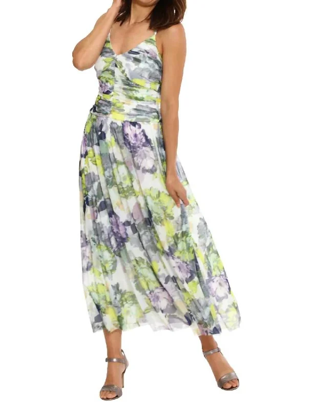 Luxury Women's Clothing V-Neck Ruched Maxi Dress In White/yellow