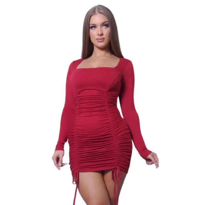 Clothes For Women Chic Long Sleeve Square Neck Ruching Tie Basic Dress