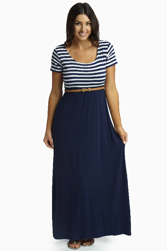 Outfits For Women Navy Blue Striped Top Belted Maxi Dress