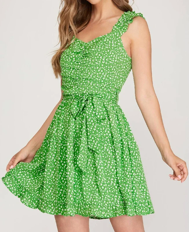 Sophisticated Style Ruffle Sleeve Dress With Waist Sash In Green Floral Print