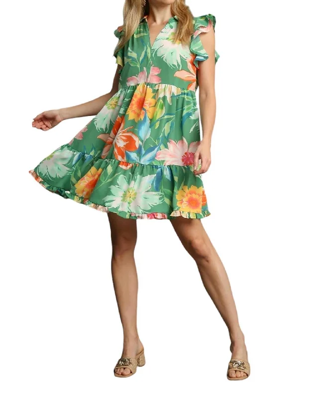 Women's High-Fashion Outfit Ruffle Sleeve Collared Floral Print Dress In Floral Green Women's High-Fashion Outfit Ruffle Sleeve Collared Floral Print Dress In Floral Green