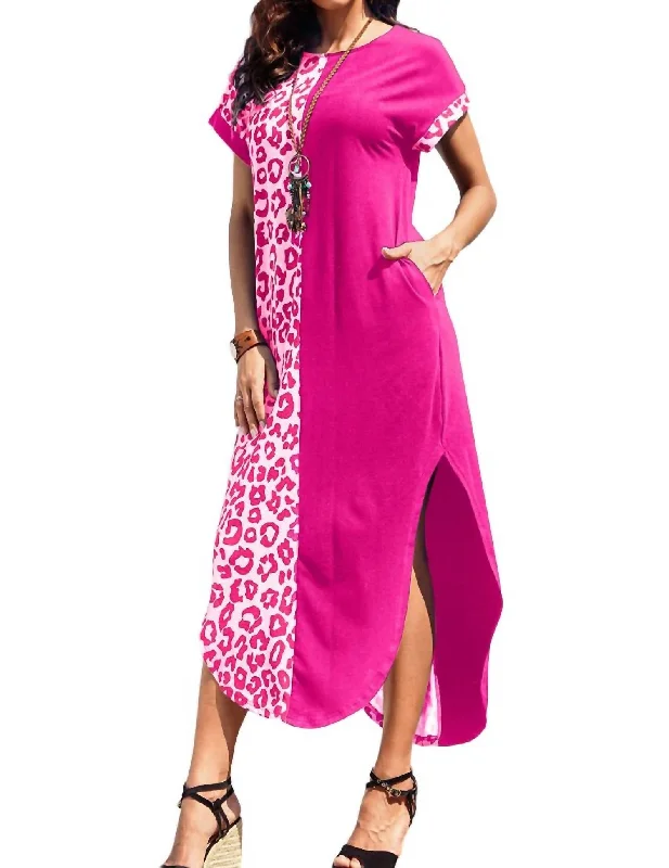 Women's High Street Fashion Maxi Dress With Rolled Sleeves In Pink Leopard