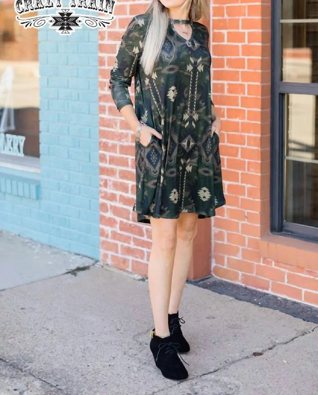 Women's Plus-Size Outfit Honey Hunt Long Sleeve Aztec Dress In Green