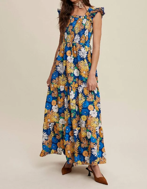 Clearance Sale Flower Print Maxi Dress In Blue Floral