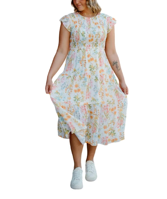 Women's Clothing Online Sale Floral Smocked Dress In Ivory