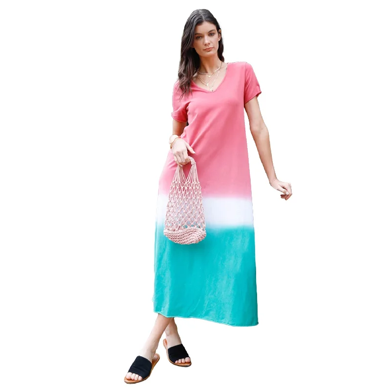 Minimalist Style Brick Multi Color Cotton Tie-dye V-neck Maxi Dress