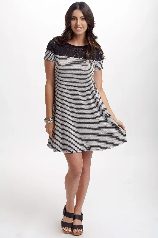 Luxury Fashion Grey Striped Lace Top Dress