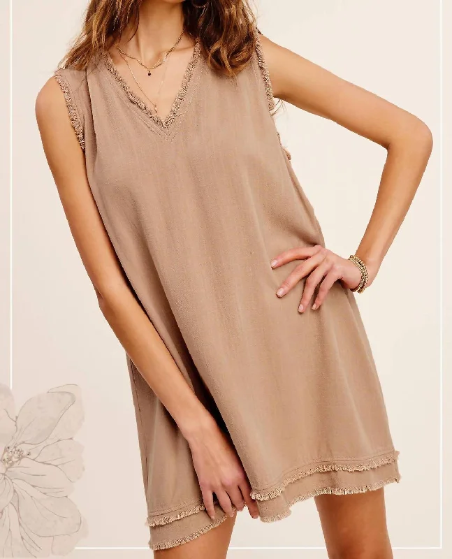 Women's Office Outfit Soft Wash Vneck Dress In Khaki