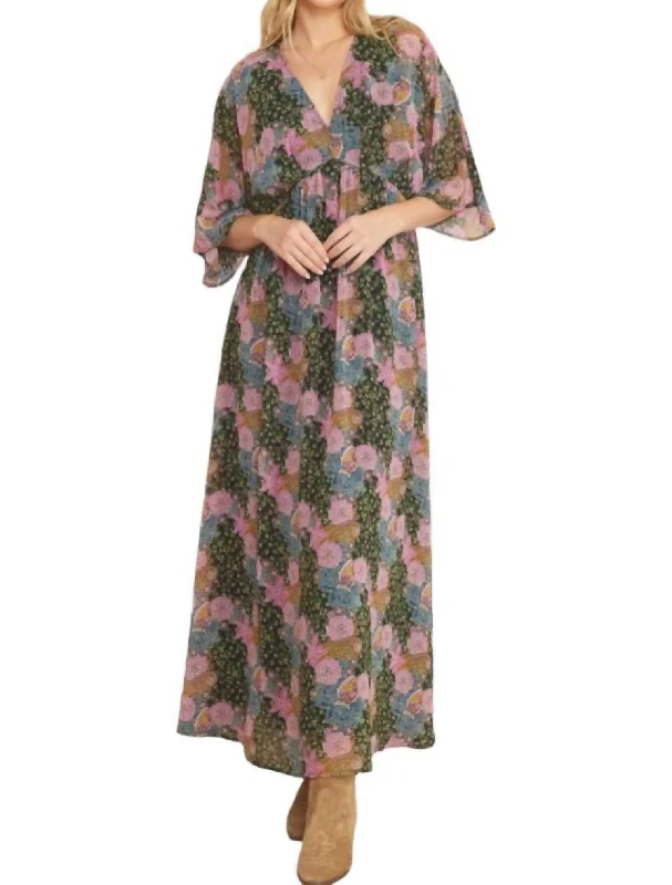 Minimalist Women's Fashion Clothing Floral Mix Maxi Dress In Navy