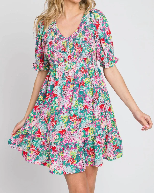 Casual Fashion Dainty Floral Print Babydoll Dress In Fuchsia