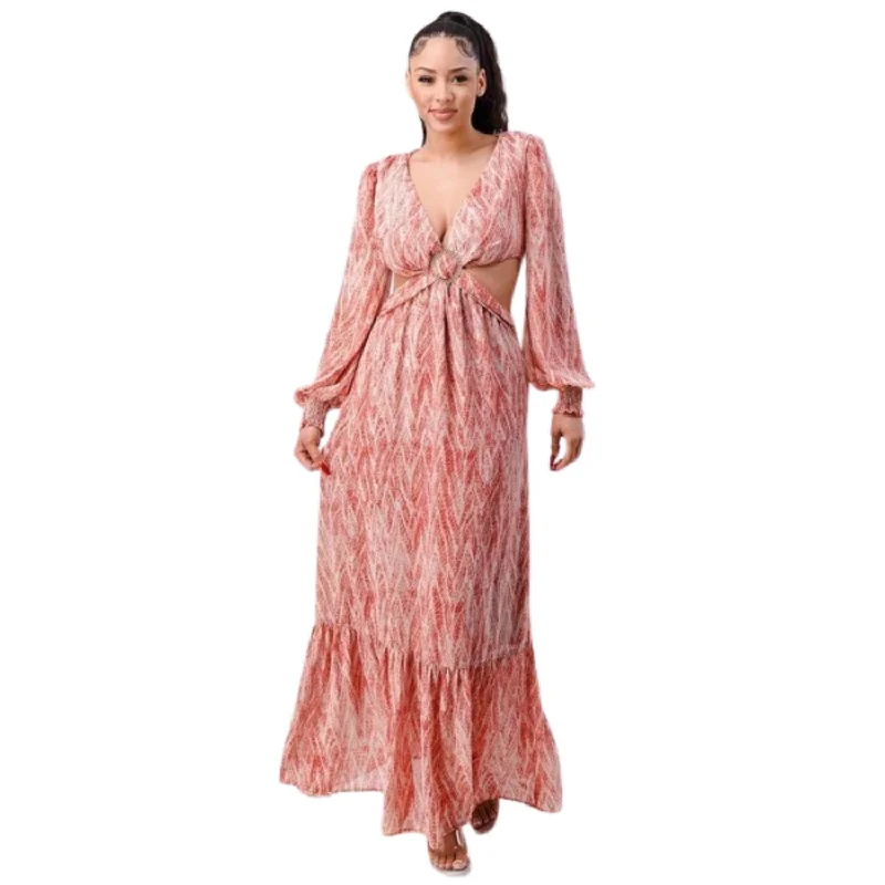 Women's Trendy Outfit Printed V Neck Self Belted Side Cut Out Ruffled Maxi Dress