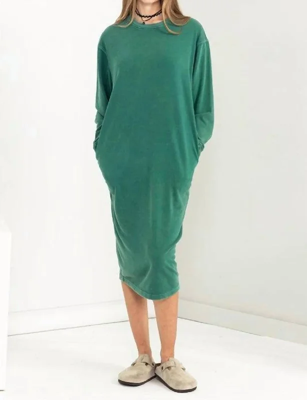 Women's Clothing For Casual Outings Long Sleeve Midi Sweatshirt Dress In Pine Green