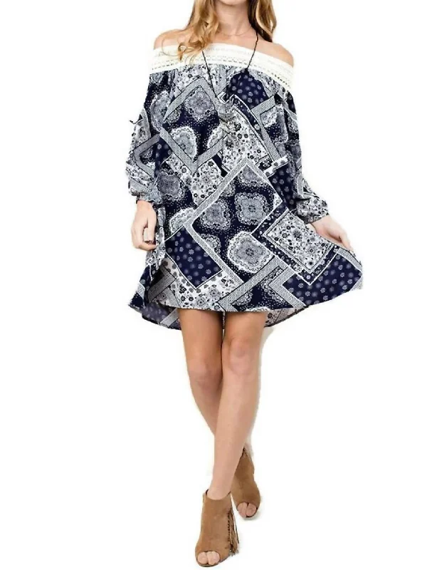 Women's Travel Garments Batik Patchwork Off The Shoulder Dress In Sand