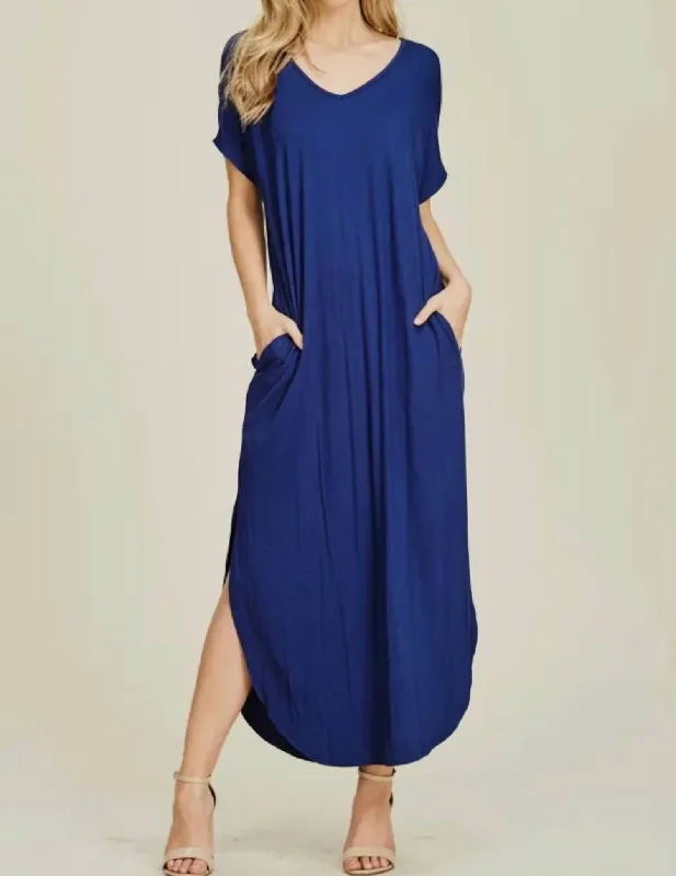Preppy Style Knit Maxi Dress In Blue