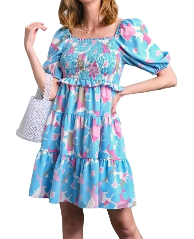 Vibrant Femme Fashion Floral Print Smocked Tiered Dress In Blue