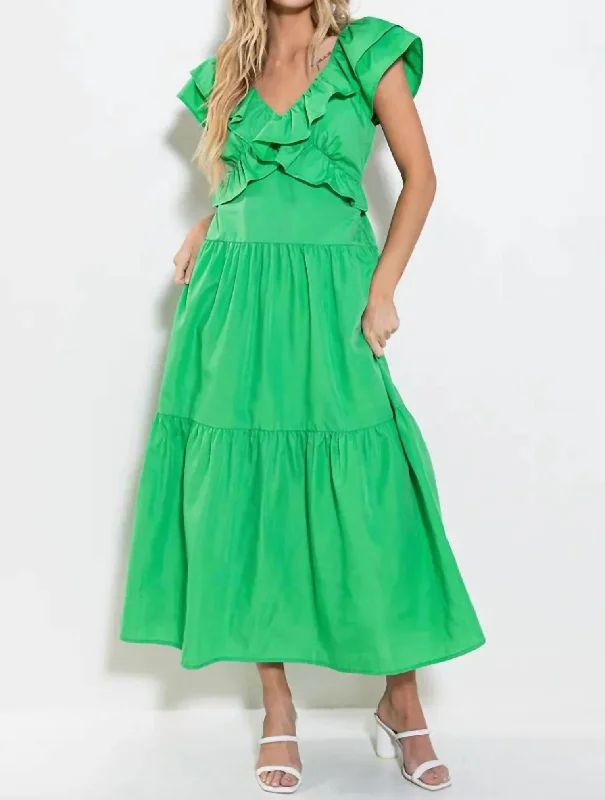 Women's Luxury Garments Ruffled Tiered With Back Tie Maxi Dress In Green