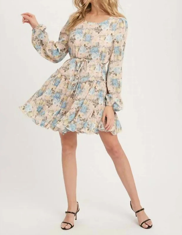 Women's Clothes And Garments Floral Print Ruffled Swing Dress In Dusty Pink