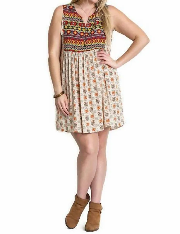 Women's Holiday Clothing Sleeveless Printed Peasant Dress In Taupe Mix