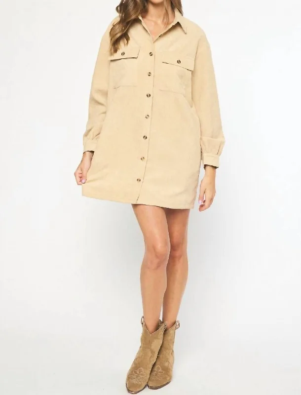 Women's Comfy Loungewear Outfit Corduroy Long Sleeve Button Up Dress In Tan