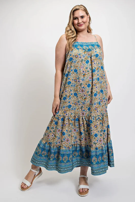 Affordable Women's Clothing Floral And Aztec Print Drop Down Maxi Dress With Spaghetti Strap