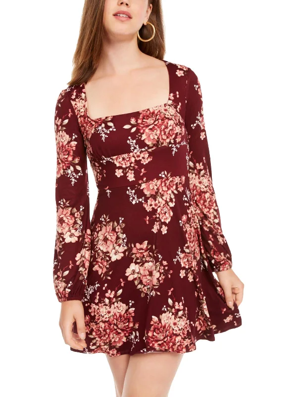 Flash Discount Juniors Womens Floral Square Neck Fit & Flare Dress