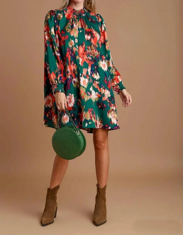 Online Impressions Boutique Floral Printed Mock Neck Dress In Hunter Green