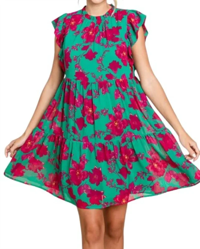 Women's Professional Outfit Floral Tiered Ruffle Sleeve Dress In Green/pink