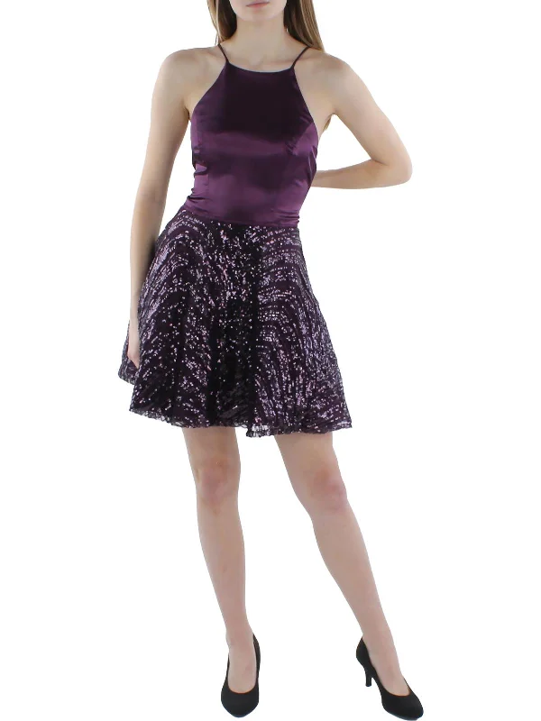 Luxury Women's Clothing Juniors Womens Satin Sequined Fit & Flare Dress
