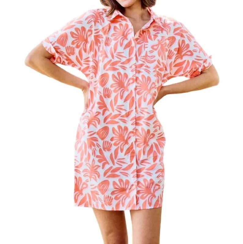 Women's Outfit Printed Shirt Dress In Spring It On Coral