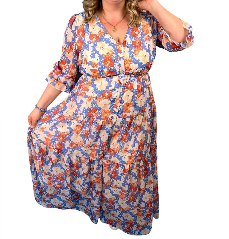Luxe Women's Fashion Floral Print 3/4 Sleeve Button Down Chiffon Dress In Red/blue/white