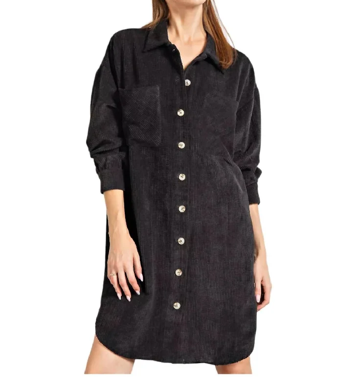 Flash Discount Corduroy Button Up Shirt Dress In Black