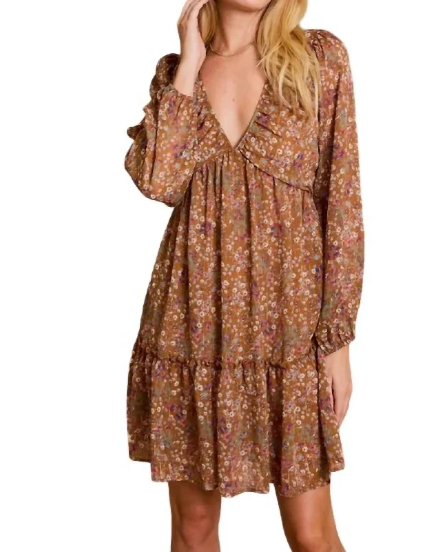 Women's Clothing For Travel Shirring Floral Print Dress In Mocha