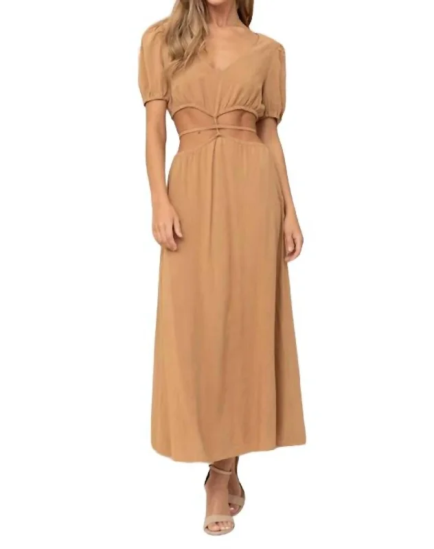 Elegant Women's Evening Garments Sofia Puff Sleeve Cutout Maxi Dress In Camel