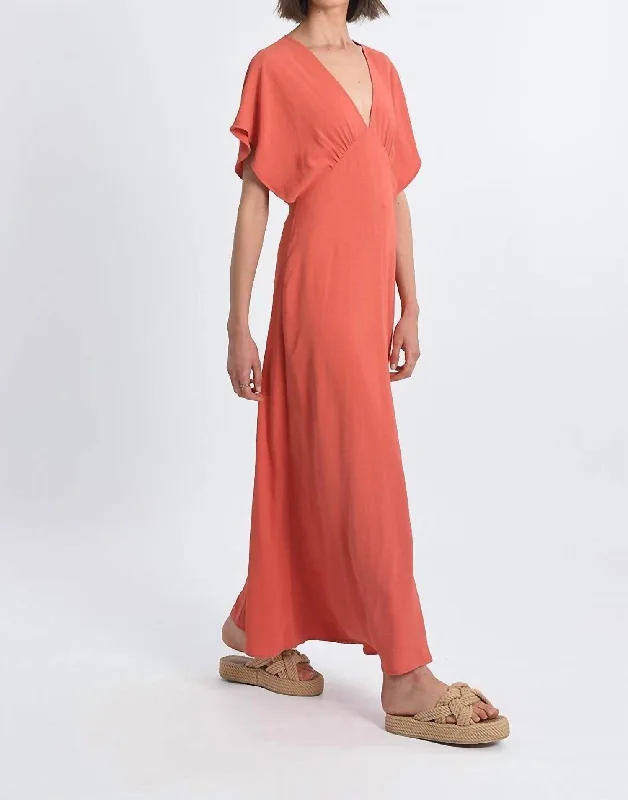 Stylish Outerwear Clothes For Women Long Vneck Maxi Dress In Coral