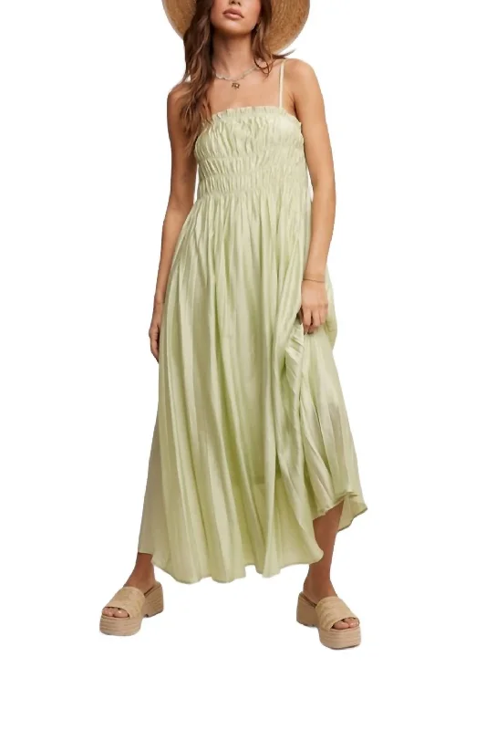 Stylish Women's Clothing Flowy Pleated Maxi Dress In Green Lily