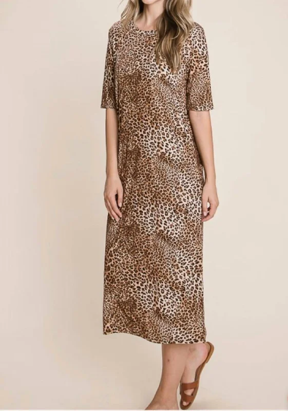 Women's Online Boutique Fall Short Sleeve Animal Print Dress In Camel/black