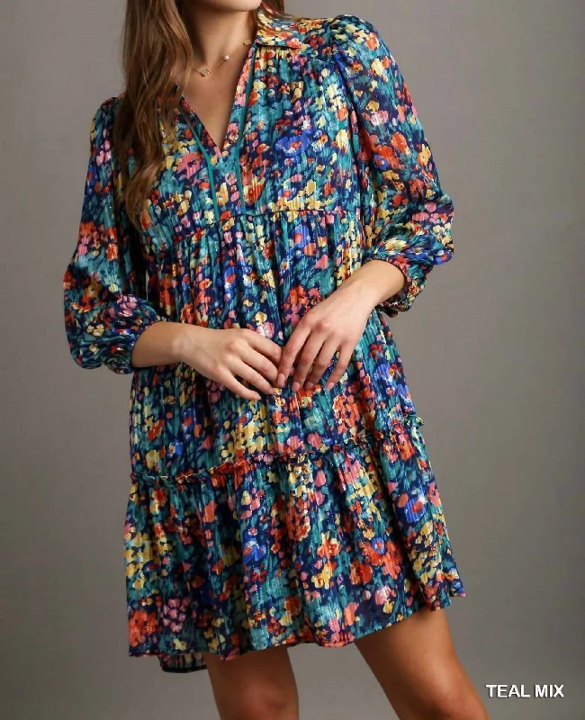 Casual Chic Floral V Neckline Metallic Tiered Dress