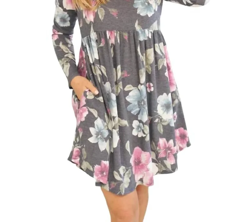 Women's Work Outfit Floral Babydoll Dress In Charcoal
