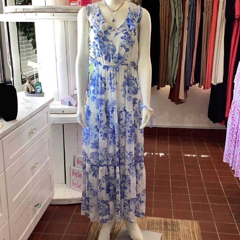 Women's Clothes for All-Day Comfort and Style Ruffled Floral Maxi Dress In Ivory Blue