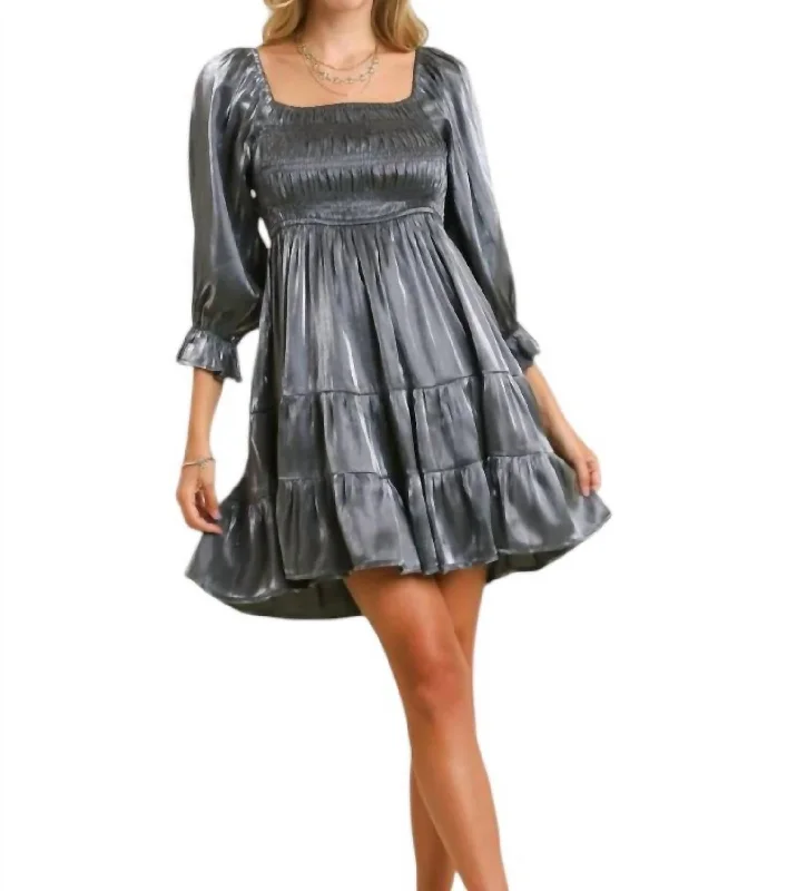 Women's Fashionable Clothing Sets Satin Smocked Babydoll Dress In Grey