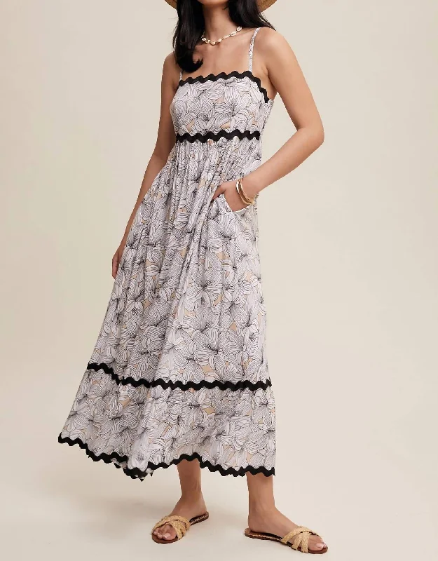 Affordable Women's Fashion Floral Scallop Trim Maxi Dress In Taupe