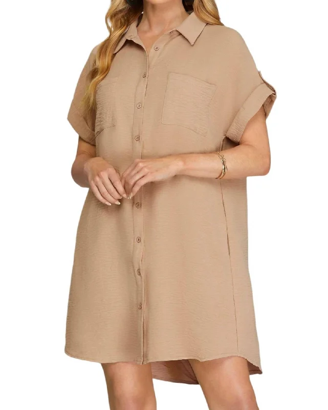 Women's Comfy Loungewear Outfit Drop Shoulder Button Up Shirt Dress In Light Mocha
