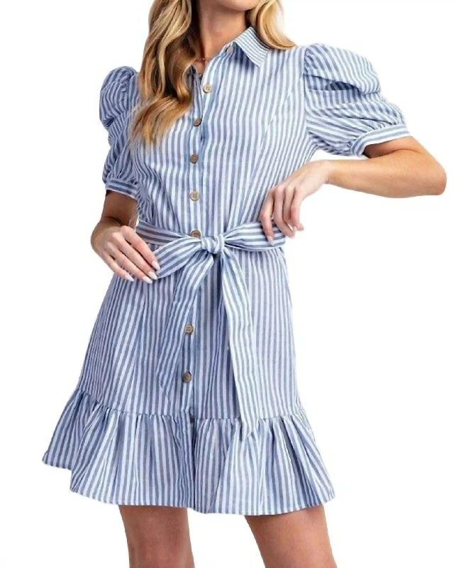 Women's Date Night Outfit Cotton Striped Belted Shirt Dress In Blue