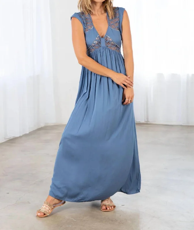 Women's Outerwear Clothing Boho Chic Sequined Lace Detail Maxi Dress In Blue
