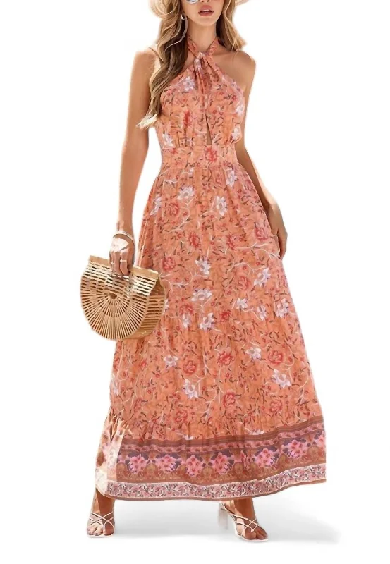 Latest Fashion for Women Floral Print Halter Tie Maxi Dress In Orange Floral