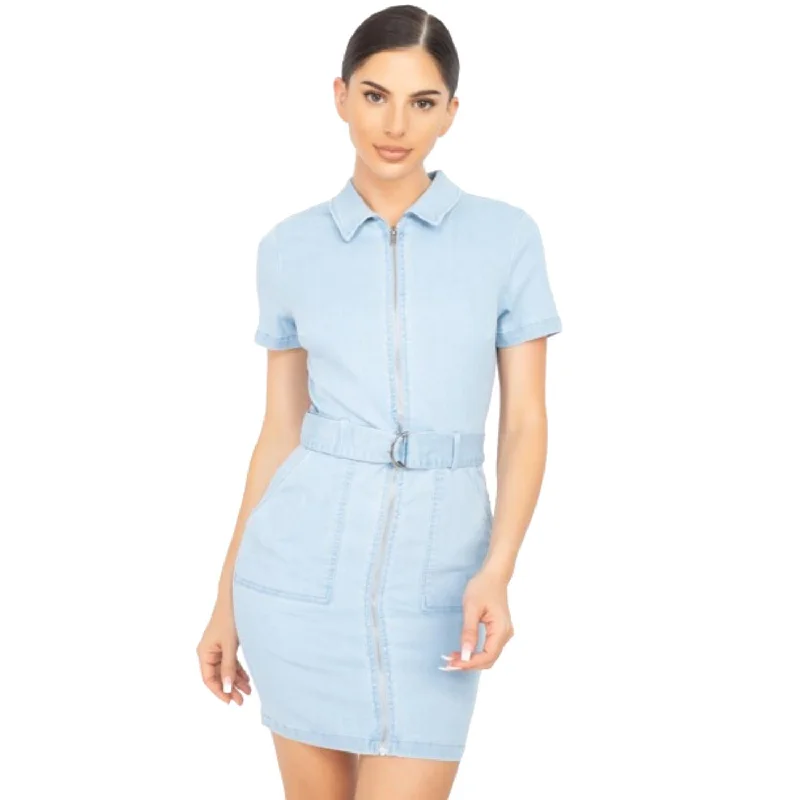 Women's Evening Wear Belted Bodycon Collared Denim Dress