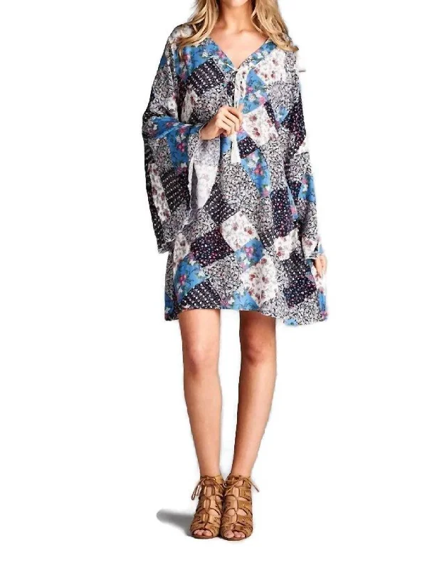 Clothes For Women Floral Patchwork Print Dress In Blue